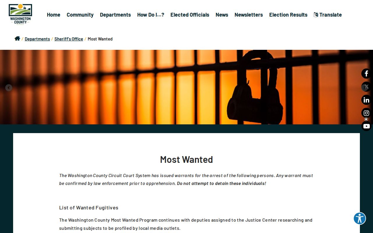 Washington County wanted-list record source at the sheriff's official page