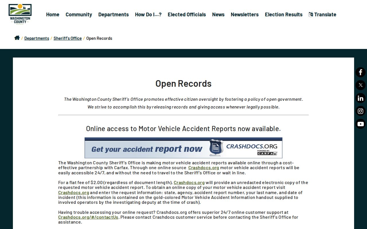 Washington County booking record request information on the Sheriff Open Records page