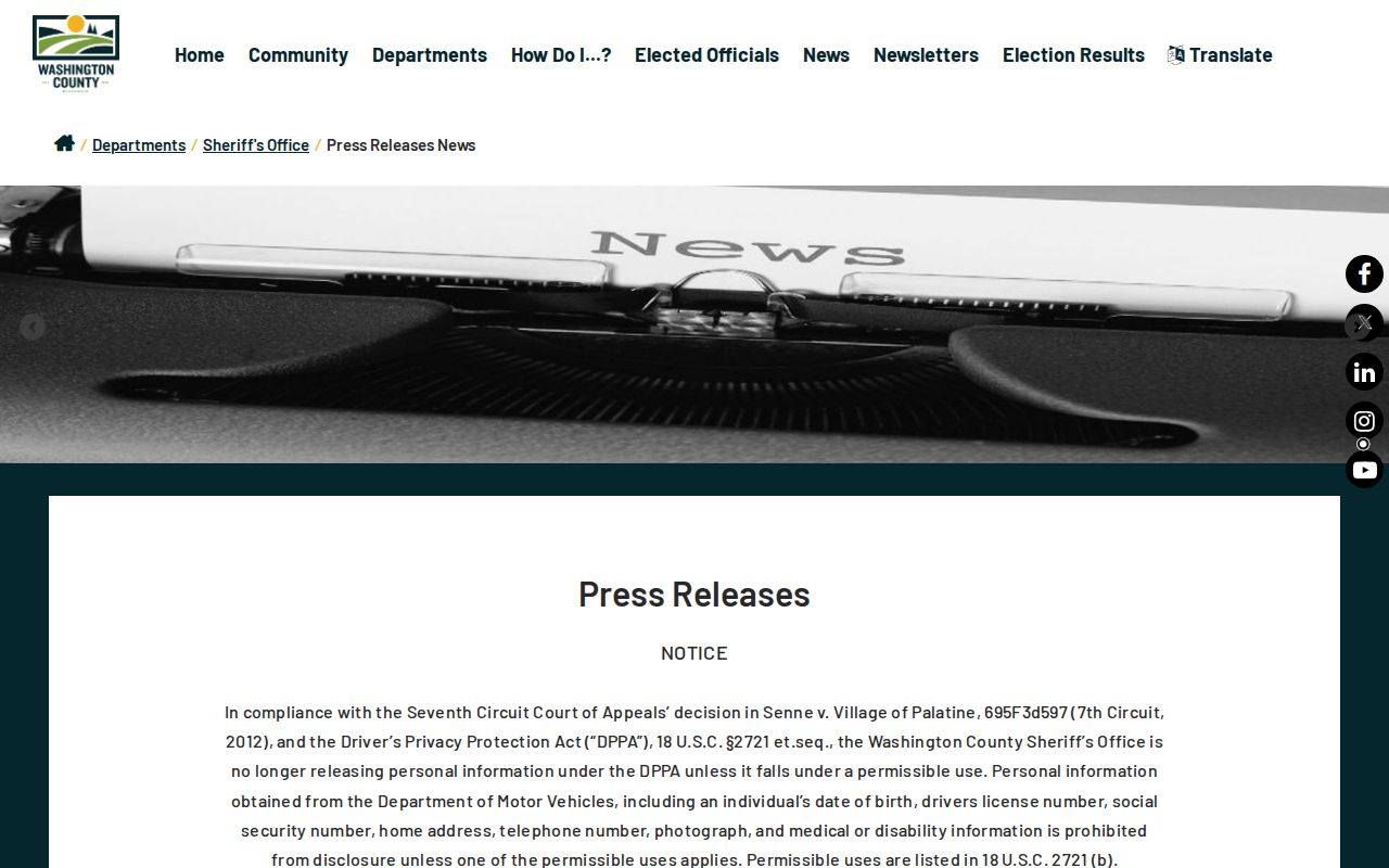 Washington County sheriff press-release record source and official news index