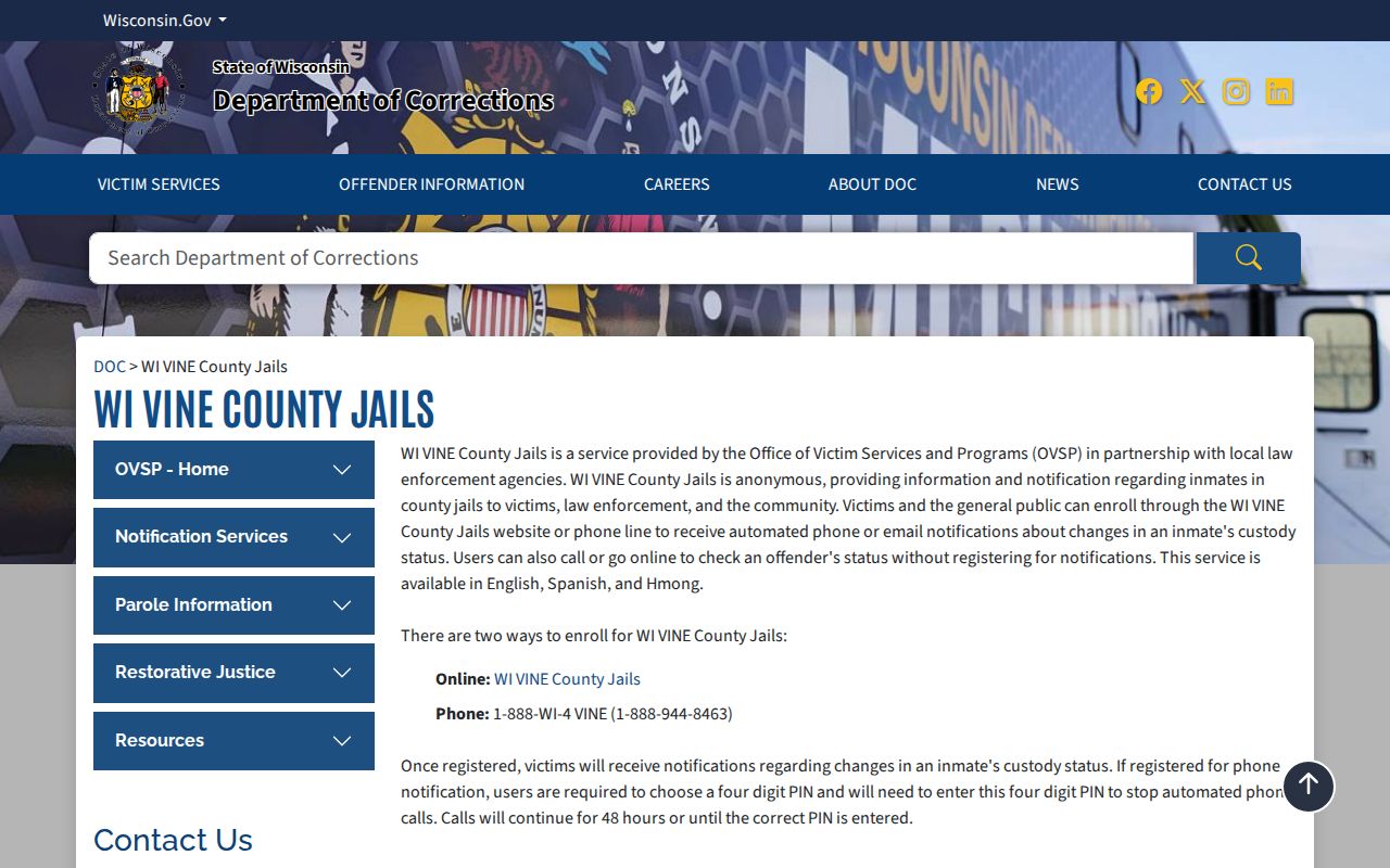 Washington County jail custody-status lookup through Wisconsin WI VINE