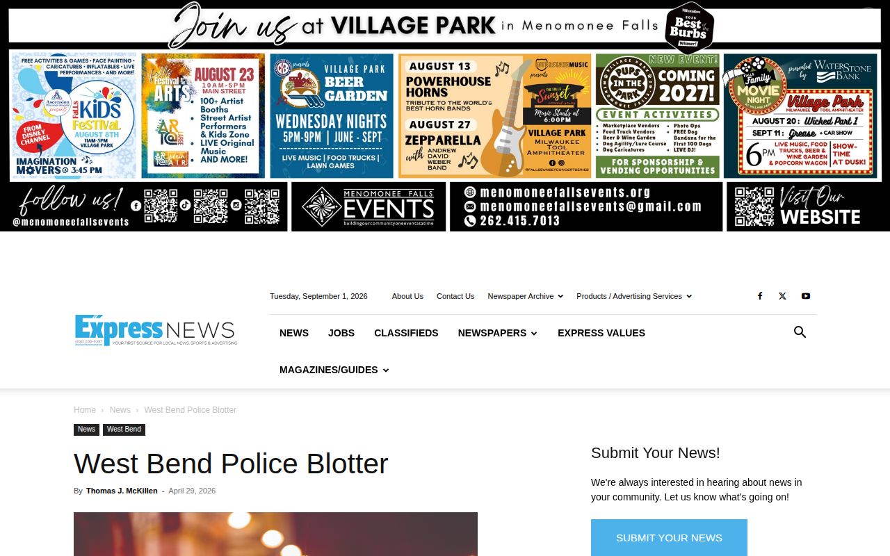 Washington County local police-blotter record source for West Bend incident news